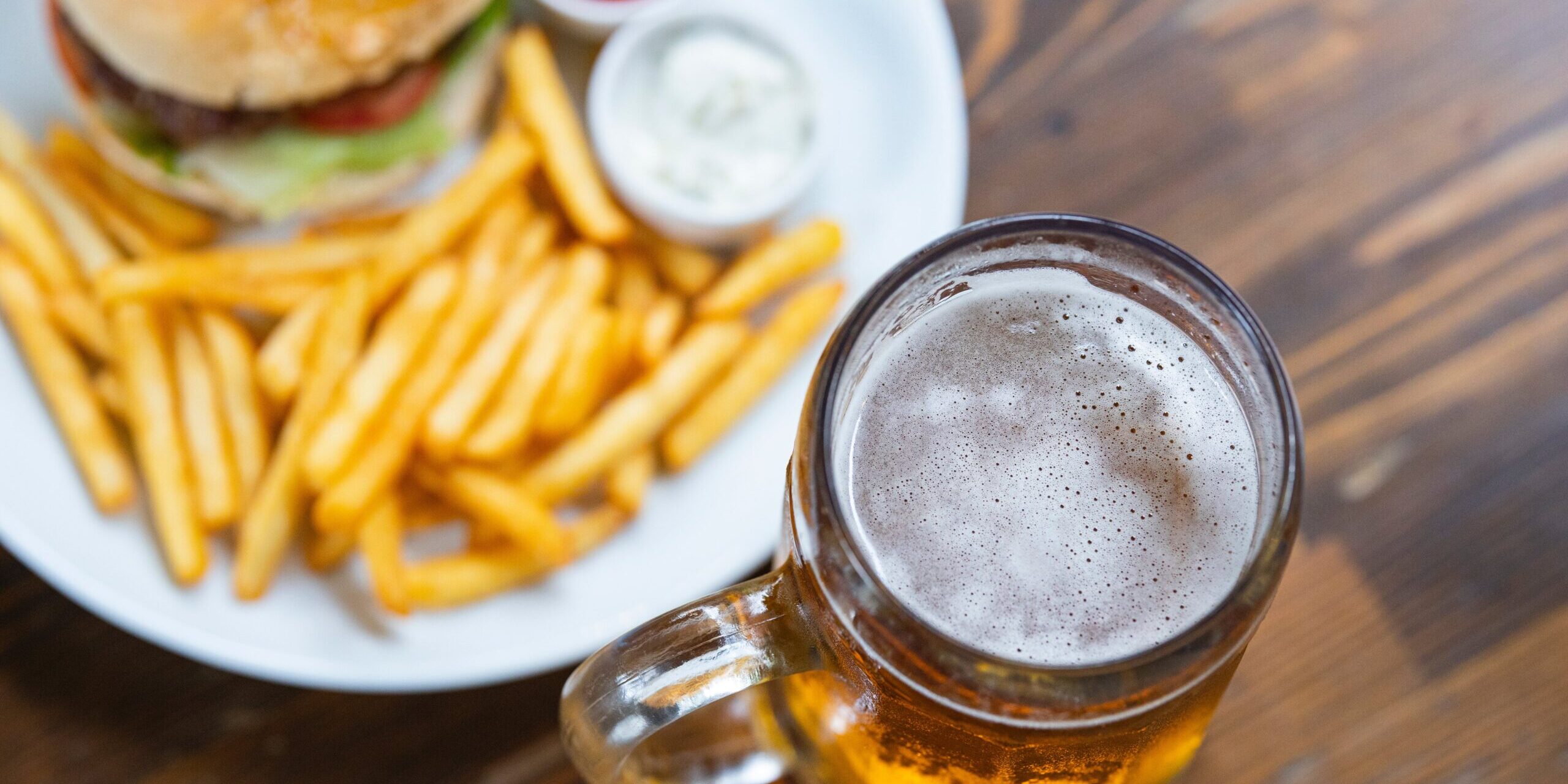beer with burger and fries