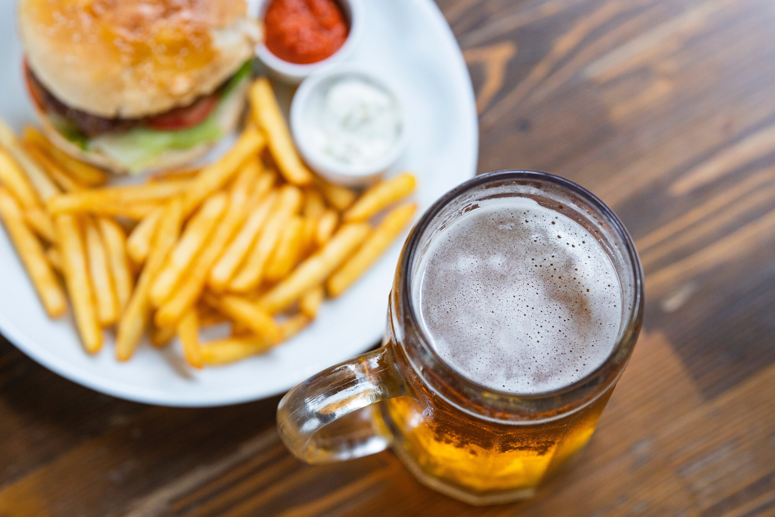 beer with burger and fries